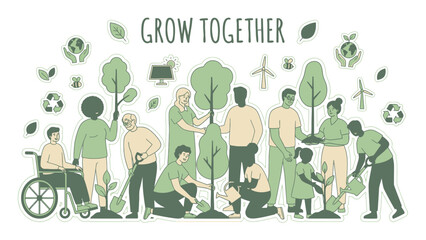 Diverse group of people planting trees together for environmental growth.