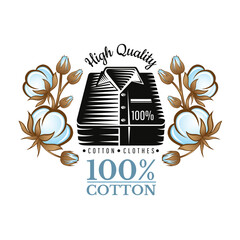 Monochrome Shirt with color cotton floral elements of seeds and leaves. Vector label of 100% Cotton Clothes Label. Tag for eco textile and natural fabric.
