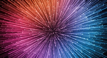 Obraz premium Vibrant multicolored light streaks radiating from center, dynamic abstract background with pink, orange, purple, and blue hues, sparkling particles