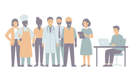 Diverse group of professionals representing various careers and industries.