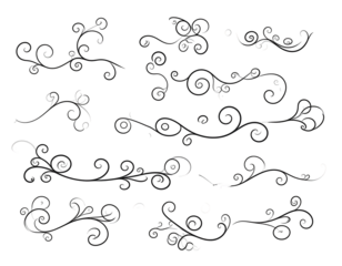 Swirling, decorative filigree flourishes in dark gray on a black background