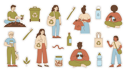 Diverse people engaged in eco-friendly sustainable living practices.