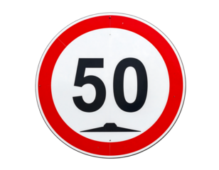 Round sign white background, red border, black "50" over a road bump symbol