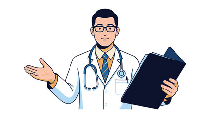 Doctor holding medical records and gesturing welcomingly.