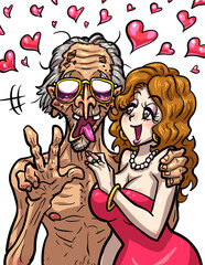 派手な高齢男性と若い女性の年の差カップル