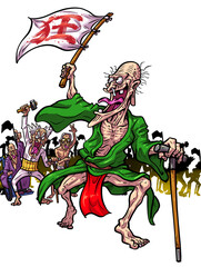 旗を掲げて叫ぶパワフルなシニア男性 キャラクターイラスト