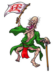 旗を掲げて叫ぶパワフルなシニア男性 キャラクターイラスト