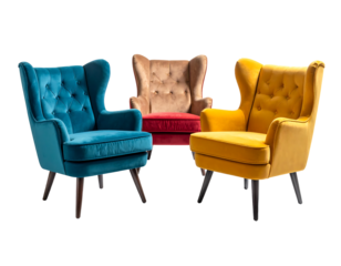 Three velvet wingback armchairs, blue, brown, yellow, in a triangular pose