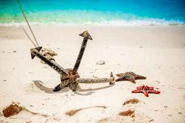 Anchor Resting In White Sand On Ocean Shore