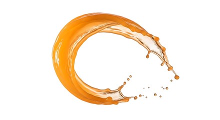 Abstract orange liquid splash forming dynamic curved shapes with glossy texture isolated on white background fluid motion design concept for juice honey syrup paint or cosmetic splash