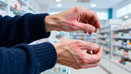 Close-up of red, inflamed finger joints against pharmacy background. Concept of rheumatoid arthritis symptoms and medication search.