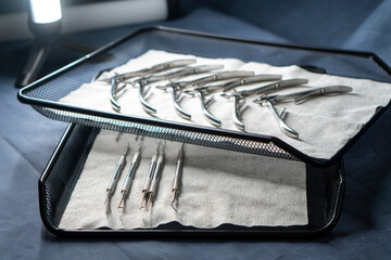 Sterile stainless steel nail care instruments on a medical tray. Close-up