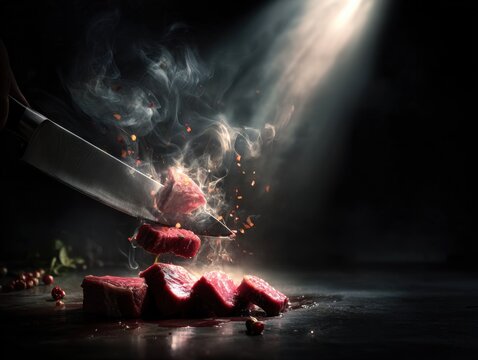 Professional chef meticulously slicing premium raw red meat with a sharp knife amidst dramatic smoke and light, preparing for gourmet cooking.