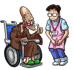 介護士に元気に挨拶される車椅子の個性的な高齢男性