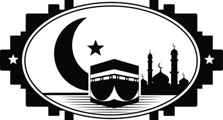 Naklejka premium Title Holy kaaba and mosque silhouette with crescent moon in oval badge vector illustration for hajj.