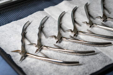 Sterile stainless steel nail care instruments on a medical tray. Close-up