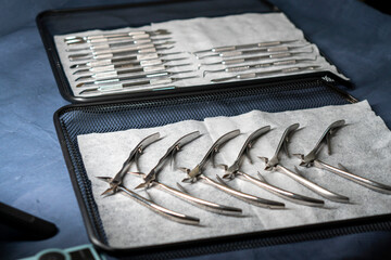 Sterile stainless steel nail care instruments on a medical tray. Close-up