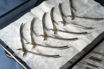 Sterile stainless steel nail care instruments on a medical tray. Close-up