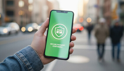 Hand holding smartphone with green screen showing secure payment confirmed