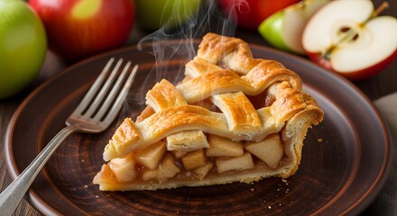 A slice of homemade apple pie on a brown plate with a fork, surrounded by fresh apples in the background with warm tones.