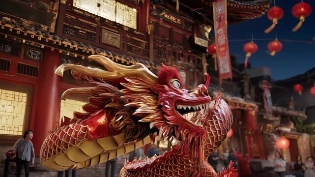 hinese New Year dragon animation with festive Imlek theme, red and gold colors, lanterns, fireworks, cartoon and cinematic styles for celebration videos
