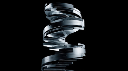 An abstract 3d spiraling form made of photorealistic, glossy chrome segments on a completely black background.