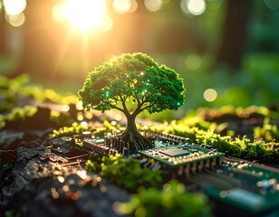 Miniature tree growing from a circuit board in a forest setting with sunlight