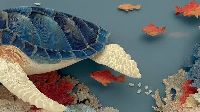 Artistic animation of a turtle swimming in a colorful coral reef