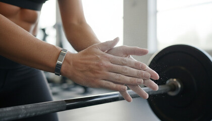 Woman applying chalk on hands preparing for weightlifting session  