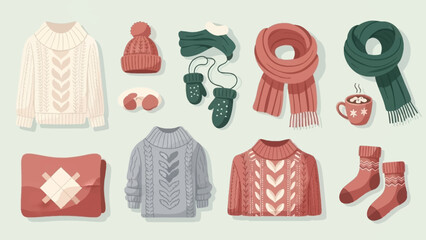 Flat lay winter clothing assortment featuring sweaters, scarves, hats, gloves, and boots arranged in a cozy pastel color palette.