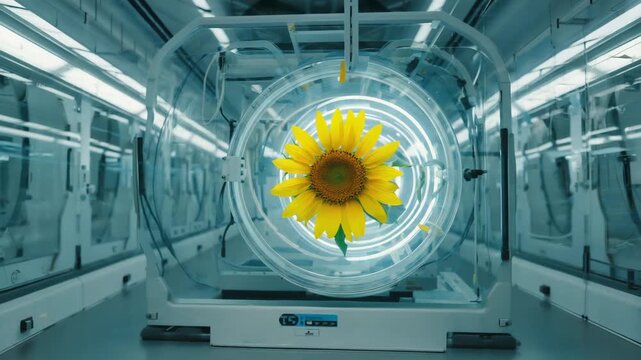 A flower thriving in an environment of 100% pure oxygen flower rotating and camera rounding the oxygen glass chamber 4k