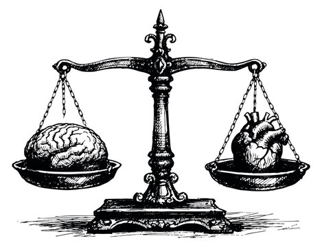 Hand drawn line art illustration of a balance scale depicting a brain and a heart in equilibrium for concepts of logic and emotion