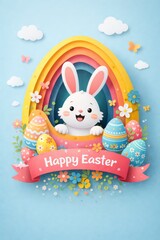 Cheerful Easter Bunny with Colorful Eggs and Rainbow Background