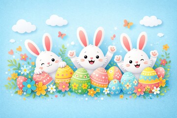 Cute Bunnies Celebrating Spring with Colorful Easter Eggs