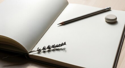 Blank sketchbook or notebook with pencils eraser brush and watercolor palette on neutral desk background minimal creative workspace mockup concept for design drawing planning and education