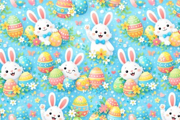 Whimsical Easter Bunny Pattern with Colorful Eggs and Flowers