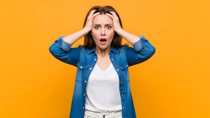 Shocked woman in casual outfit against vibrant orange background