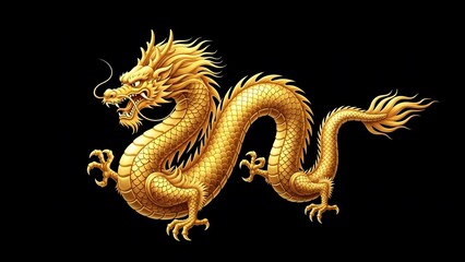 Golden dragon illustration on black background with intricate details