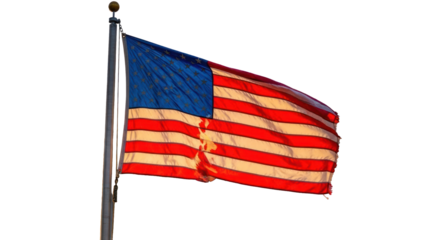 American Flag Waving on Pole Isolated on Transparent Background