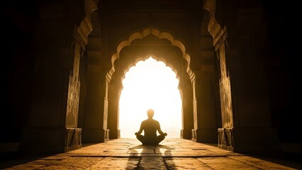 Person meditating in ancient temple with sunlight streaming through arches