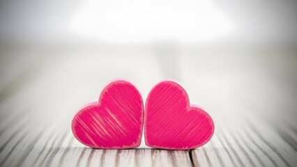 Two pink wooden hearts on a rustic wooden surface
