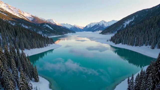 Panoramic view of snow-capped mountains, forests and lakes in winter