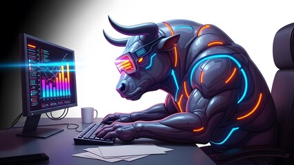 Futuristic cyber bull trading stocks on computer in neon office