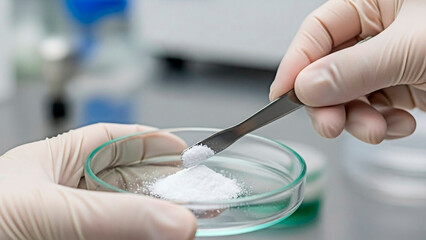 A gloved hand carefully handling white powder in a laboratory setting