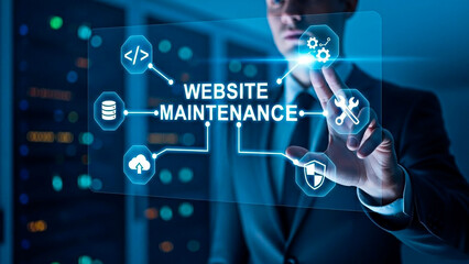 A man in a suit interacting with a website maintenance interface in a server room