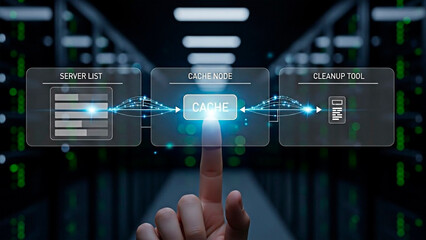 A hand interacting with a virtual cache interface in a server room