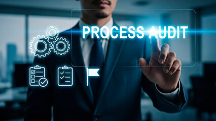A businessman interacting with a digital process audit interface in a modern office