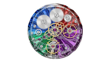 Colorful Watch Movement Gears Isolated on Transparent Background