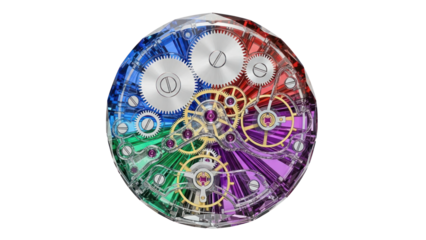 Colorful Watch Movement Gears Isolated on Transparent Background