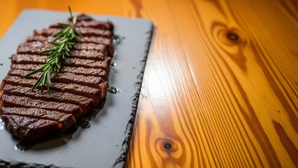 Grilled steak with rosemary on slate plate on wooden table